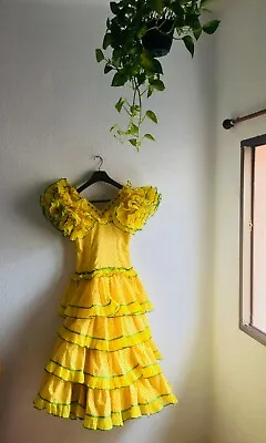 Waist 27 In: Vintage Yellow Dress Authentic Flamenco Gypsy Frida Feria Riding • £160.05