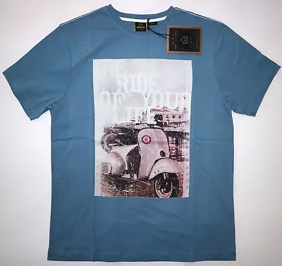 Merc Mens Scooter Print Tee Shirt In Dust Blue Size M Nwt • £11.99