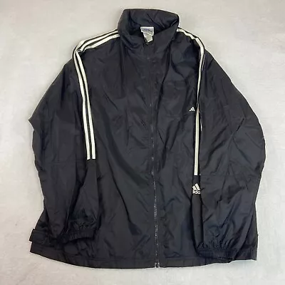 VINTAGE Adidas Windbreaker Mens 2XL Packable Hood Hooded Black Jacket Full Zip • $22.99