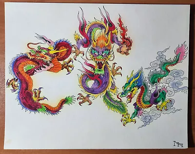 1980s ORIGINAL Vintage Ed Hardy Dragons Tattoo Flash Sheet Hand Colored 4 • $109.99