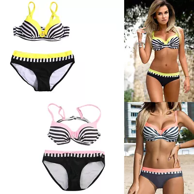 Women's Sexy Beach Bikini Set Padded Bra Bandeau Swimsuit Striped Print Swimwear • £7.59