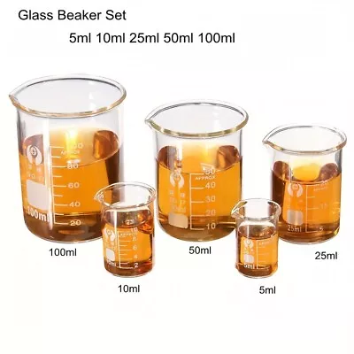 5pcs 5 10 25 50 100ml Lab Glass Beaker Set Laboratory Measuring Glassware Set • £5.99