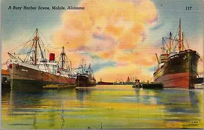 Vtg 1940s Busy Harbor Scene Ships Boats Mobile Alabama AL Linen Postcard • $15.99