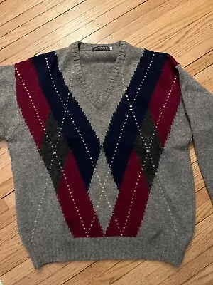 Vintage Men’s Large Sweater Wool Navy Gray IRELAND SHETLAND Argyle 90s V Neck • $25