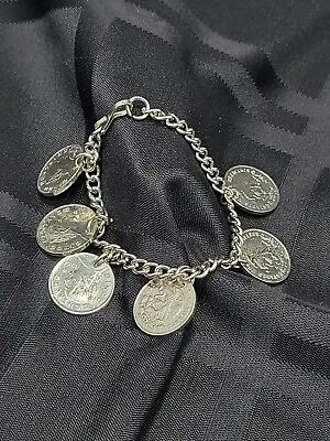 Vintage  1950s/60s Mexican 6 Centavo Coins Charm Bracelet SILVER TONE • $19.99