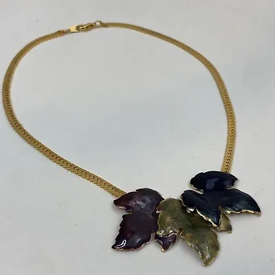 Vintage Enamel Fall Multiple Color Leaves Herringbone Gold-tone Necklace • $17.60