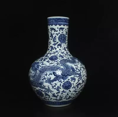 Old Chinese Blue & White Porcelain Vase W/ Dragon Qianlong MK 52CM • $32