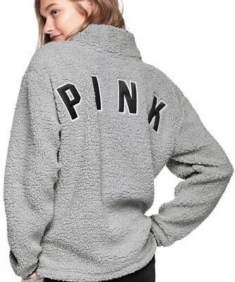 Medium Victoria’s Secret PINK Sherpa Cozy Half Zip Jacket M NWT Gray Black • $54.99