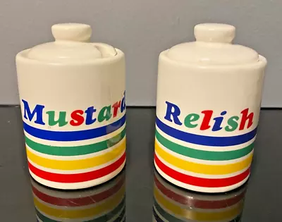 Vintage Retro Mustard And Relish Condiment Jar Set Of 2 Hoan Rainbow Striped • $9.99