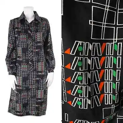 1970s LANVIN Shift Dress Vintage Women's Black Logo Print Shirt Dress Sz 10 • $225