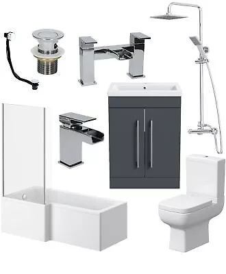 Complete Bathroom Suite LH L Shaped Bath Toilet Vanity Basin Taps Shower Grey • £779.97