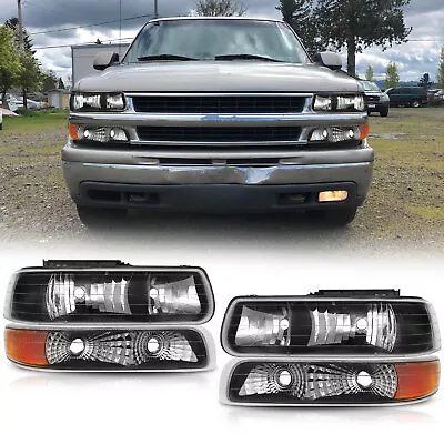 For 99-02 Chevy Silverado 00-06 Tahoe Suburban Black Headlights + Bumper Lamps • $53.99