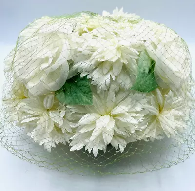 Vintage Women's White Floral Pillbox Hat With Netting Spring Summer • $20.99