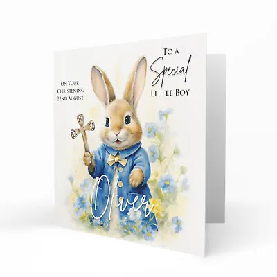 Personalised Christening Card For Boys Baptism Naming Day Rabbit With Cross • £3.79