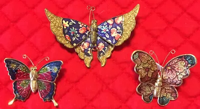 Vintage Set Of 3 Delicate Brass And Enamel Cloisonne Butterfly Brooch Pins • $11.99