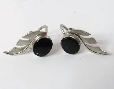 Vintage Ladies Earrings Van Dell Sterling Silver Onyx Screw Back • $49.95