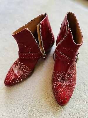 $74.95 • Buy Zara Micro-Studded Heeled Red Leather Western Cowboy Ankle Boots Women's 9/39