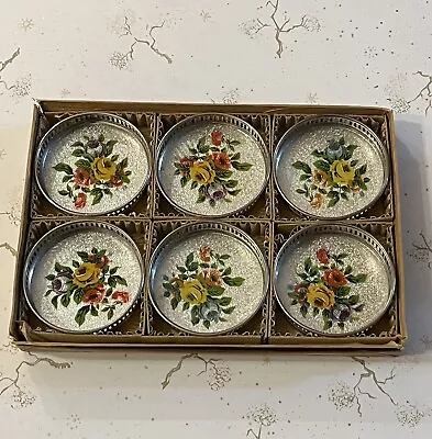 6 Vintage Glass And Reticulated Metal Floral Coasters Made In Japan - Roses • $22.98