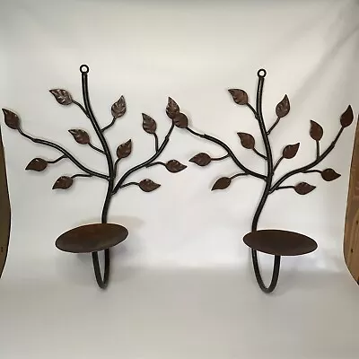 Metal Wall Sconce Candle Holder Pair Tree Leaves Pillar Candles Brown Black • £25.99