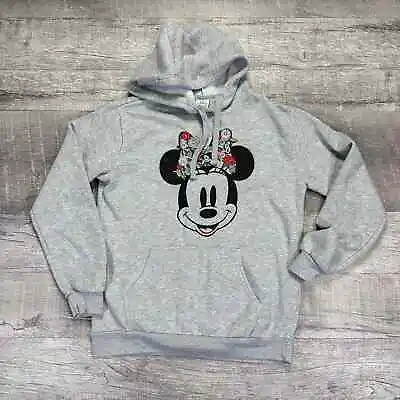 Disney Minnie Mouse Women M/L Floral Embroidered Sweatshirt Grey Hooded Pullover • $12