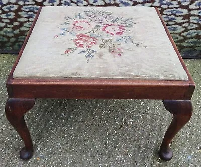 Large Vintage Foot Stool Upholstered Seat Wooden Frame & Queen Anne Legs • £55