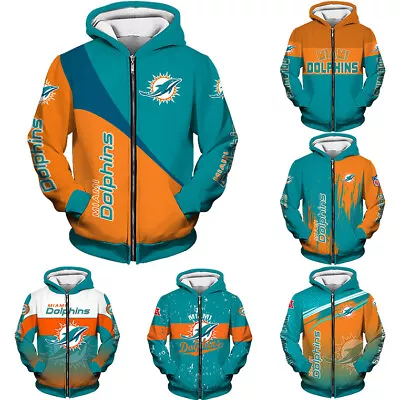 Dolphins Miami Men's Full Zip Hoodie Hooded Sweatshirt Casual Jacket Coat Gift • $36.09