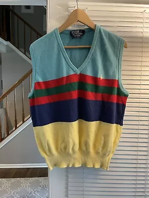 Vintage Polo Ralph Lauren Striped Mens Sweater Vest Made In Great Britain Size L • $39.99