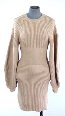$86.32 • Buy Staud Dress Jumper Marylebone Rib Knitted Dress Beige Puff Sleeve Designer S