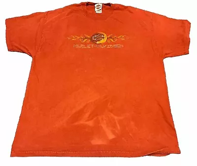 Vintage Harley Davidson Shirt Mens 2XL Orange Engine Flames Biker Big Logo Tee • $18.99