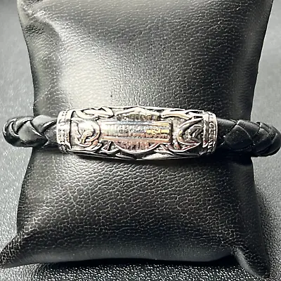 Harley-Davidson Silver Tone Stainless Steel Black Leather Wrist Band Bracelet • $55.99