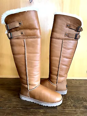 Ugg Over The Knee Devandra Boots 7 Chestnut Hologram Mint Cond. Fur Buckle Rare • $389