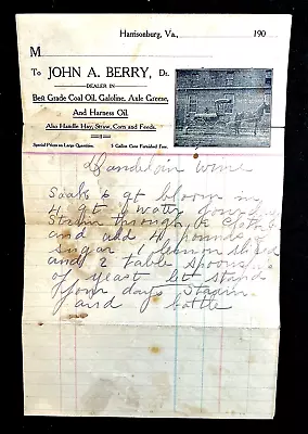 C1905 JOHN A. BERRY COAL OIL HARRISONBURG VA RECEIPT W/DANDILION WINE RECIPE • $15.50