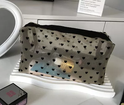 NEW Beige Black Heart Transparent Mesh Make Up Travel Cosmetic Zip Pouch Bag • £3.99