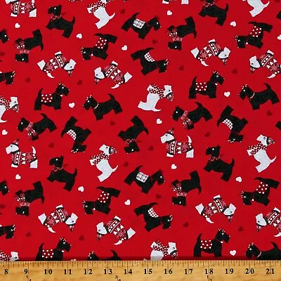 Cotton Scotties Scottish Terriers Dogs Hearts Red Fabric Print By Yard D502.70 • $12.95