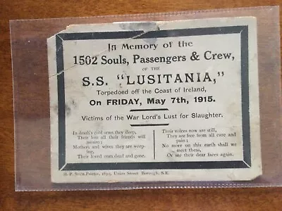 S. S. “lusitania” Memoriam Card. Torpedoed 1915 Ireland. Ww1. • £4