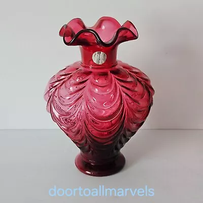 Vintage Fenton Cranberry Glass Vase Drape Pattern Ruffled Top 7.5 H Orig.Sticker • $64