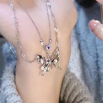 Y2K Butterfly Pendant Necklace Korean Girl Heart Crystal Clavicle Chain Necklace • $22.45