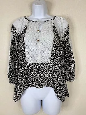 Yahada Womens Size L Boho Lace Embellished Blouse 3/4 Sleeve Relaxed Fit • $7.63