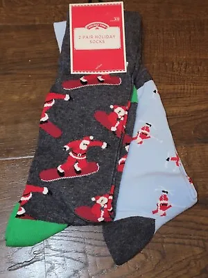 Holiday Time 2 Pair Mens Christmas Socks Crew Size 6-12 NEW Santa Snowboarding • $9.99