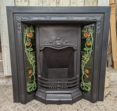 £395 • Buy A RECLAIMED CAST IRON FIRE INSERT WITH NEW ART NOUVEAU STYLE TILES Ref FI0080