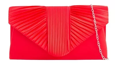 Women's Satin Pleated Clutch Bag Evening Bridal Wedding Party Prom Chain Handbag • £12.49