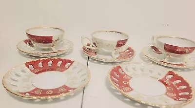 Vintage 3 Footed Tea Cup /Saucer Japan Porcelain Mark Opalescent Burgandy/Gold • $37