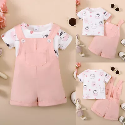 Newborn Toddler Baby Girls Cartoon Tops Dungarees Jumpsuit Outfit Clothes Set • £2.89