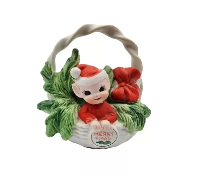 Vintage Josef Originals Christmas Red Pixie Elf In Basket 3  Figurine Bisque  • $19.99