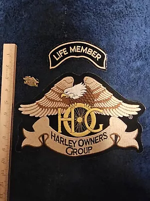 Vintage Large Harley Hog  Brown Eagle Back Patch W/ Life Member  Patch & Hog Pin • $30