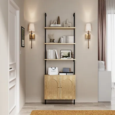 Wall Mounted Tall Bookshelf With Cabinet Industrial Ladder Shelf Wooden Cupboard • £79.95