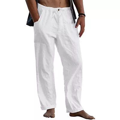 Mens Beach Loose Cotton Linen Pants Yoga Drawstring Elasticated Trousers Summer • $17.75