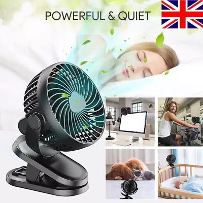 2X Clip On Fan 3 Speed USB Rechargeable Mini Cooling Desk Baby Stroller Portable • £7.95