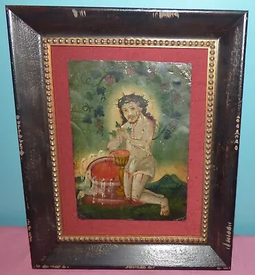 Antique Colonial Spanish Retablo The Precious Blood Of Christ Oil On Tin Art • $535