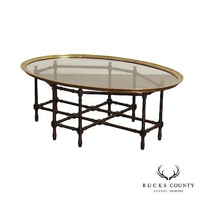 Baker Furniture Brass & Oval Glass Faux Bamboo Hollywood Regency Cocktail Table • $895